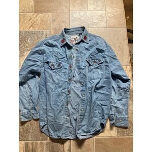 Andrews Denim Shirt Womens Medium Embroidered Rose Pearl Snap Long Sleeve